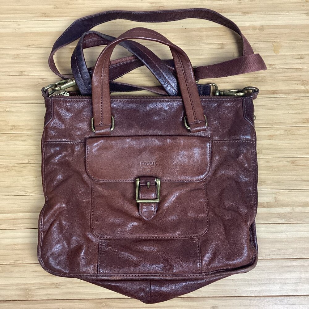 Fossil 90s Vintage Leather Double Strap Becca Satchel Purse with Brass Hardware